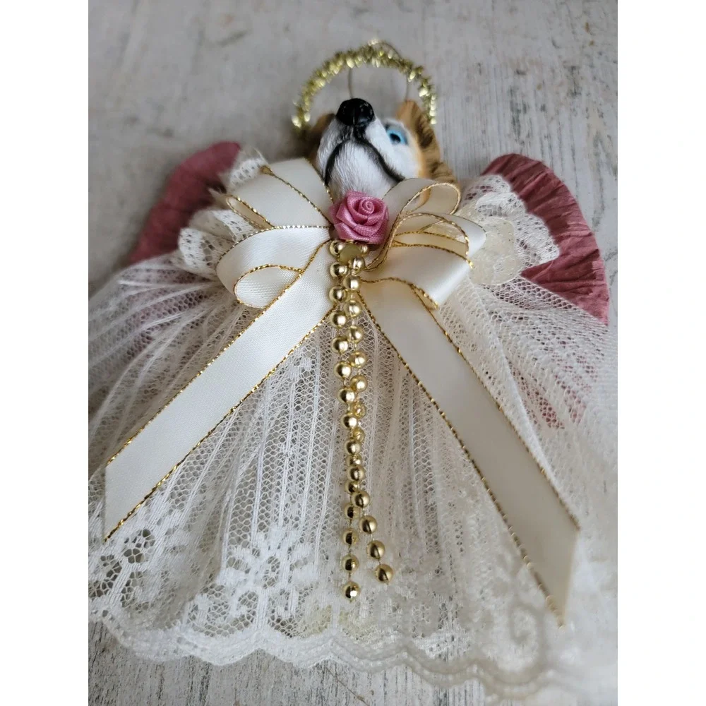 vintage husky dog puppy angel religious ornament lace Xmas home